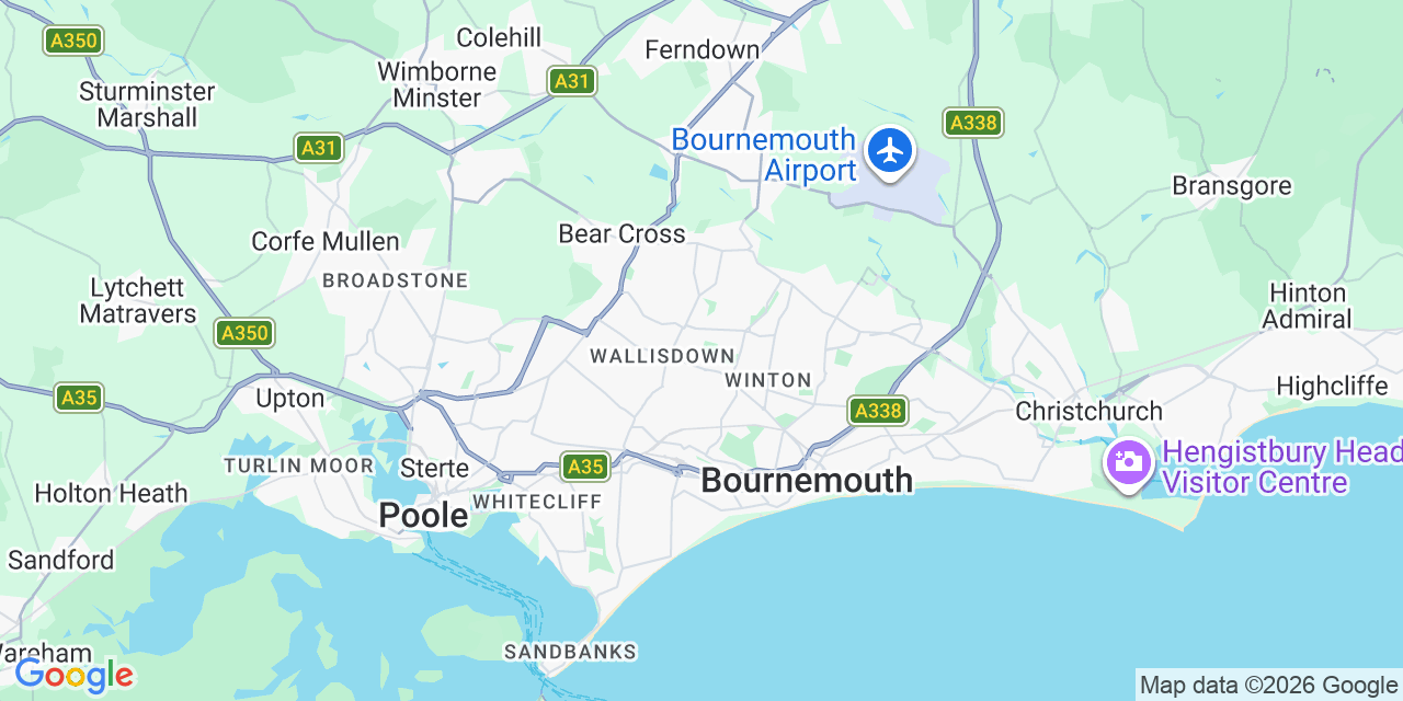 Map showing Bournemouth, Poole, Christchurch, Winton, Boscombe, Southbourne, and nearby service areas